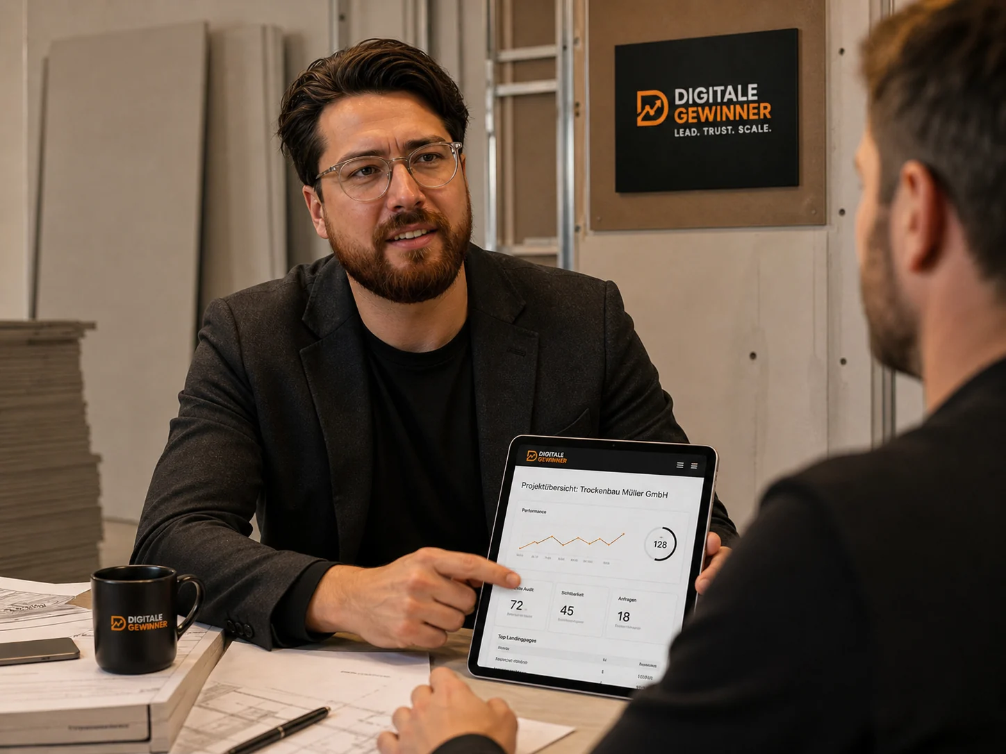 Raphael Hermann erklärt einem Handwerksbetrieb die digitale Analyse