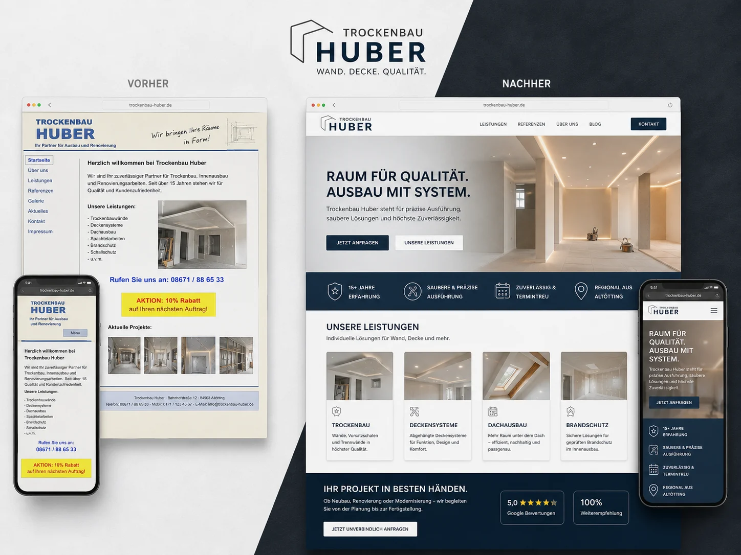 Website Redesign Vorher Nachher für Trockenbau Huber