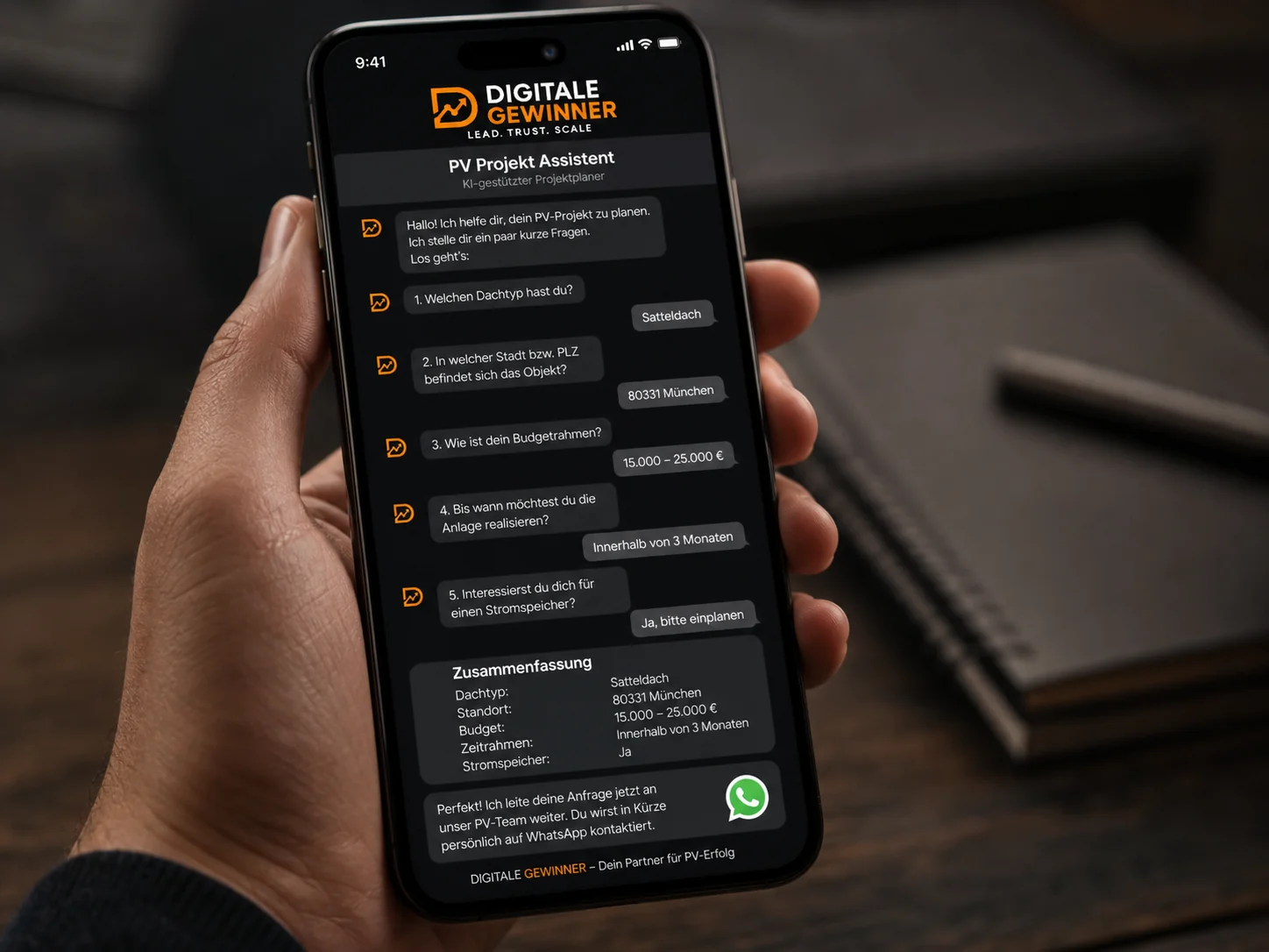 Automatisierung Projekt Assistent auf Smartphone mit WhatsApp Übergabe